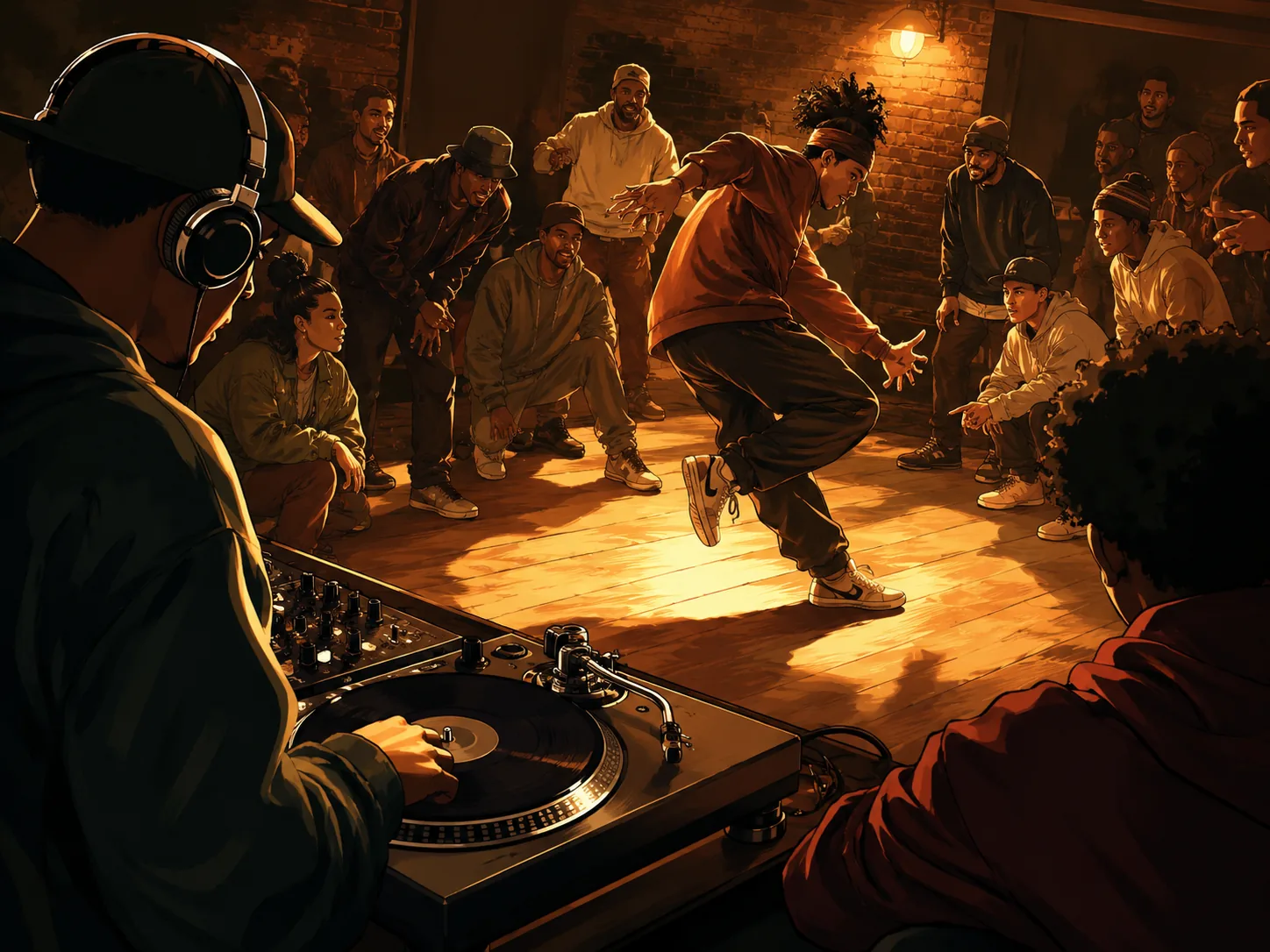DJ playing a breakbeat while a dancer enters the cypher