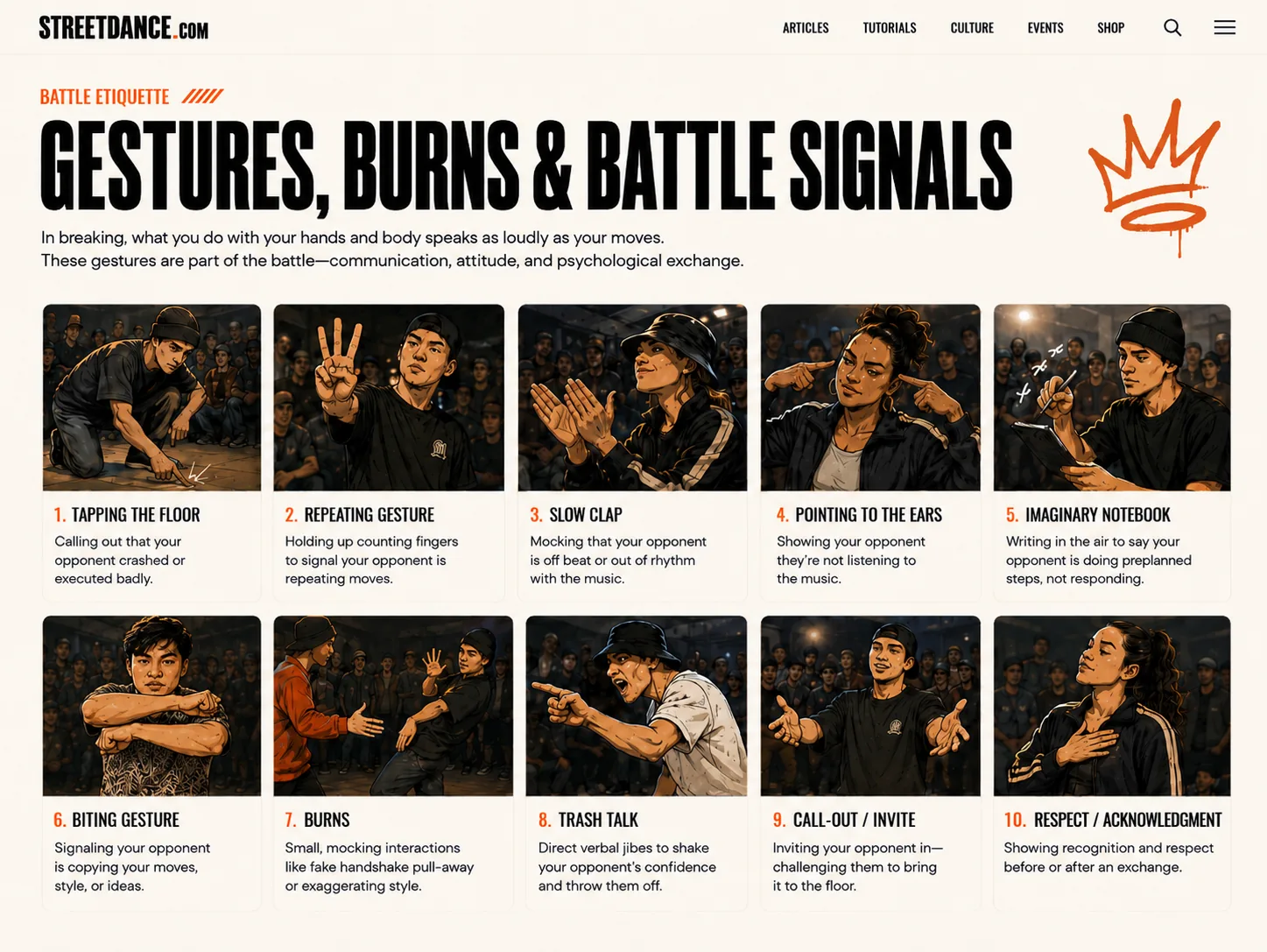 StreetDance.com breaking gestures poster with battle signal examples