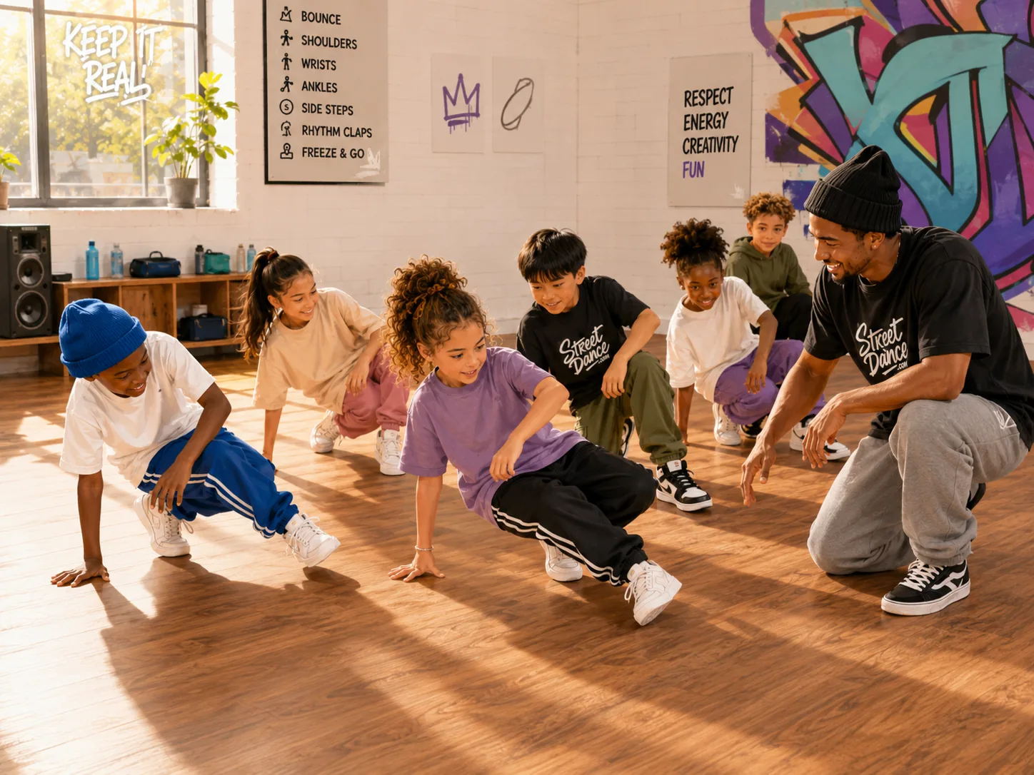 Kids practicing safe floor movement basics illustration
