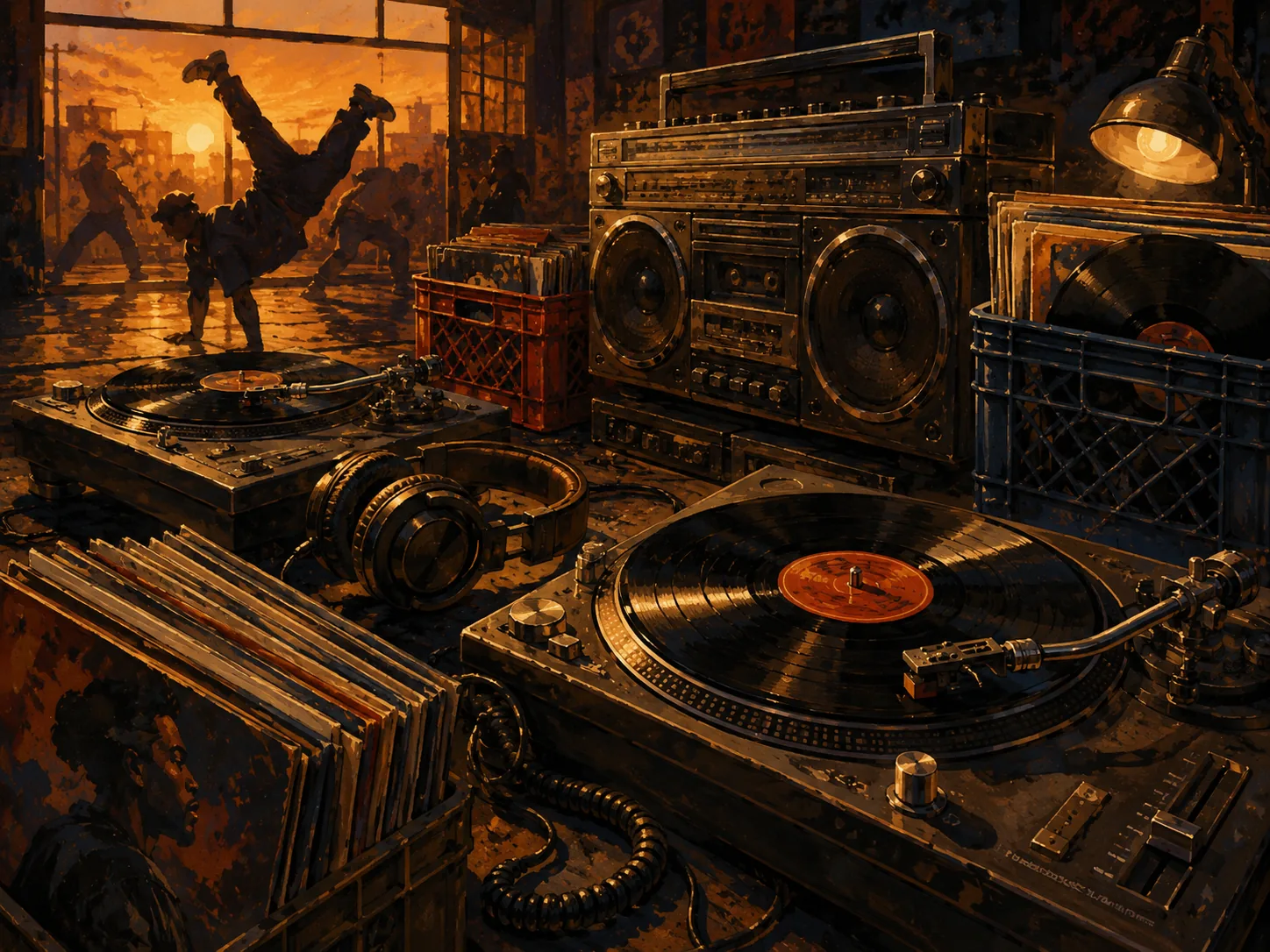 Original illustration of vinyl records, turntables and breakbeat record culture