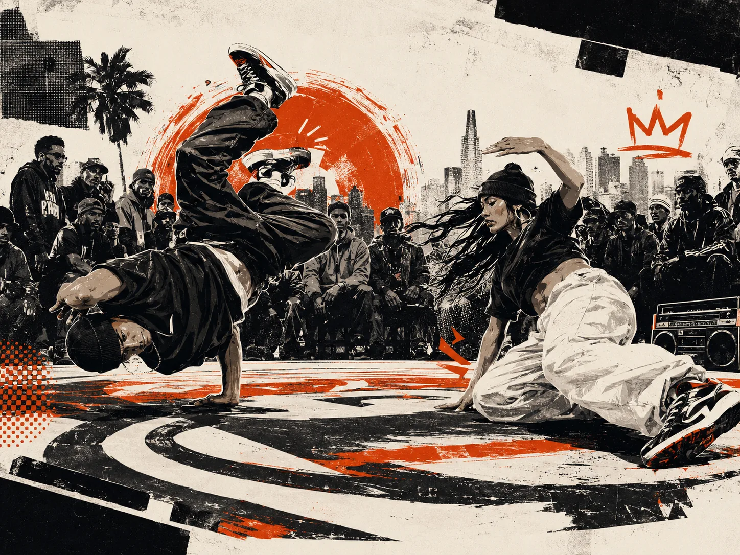B-boy and b-girl cypher battle illustration for breaking culture