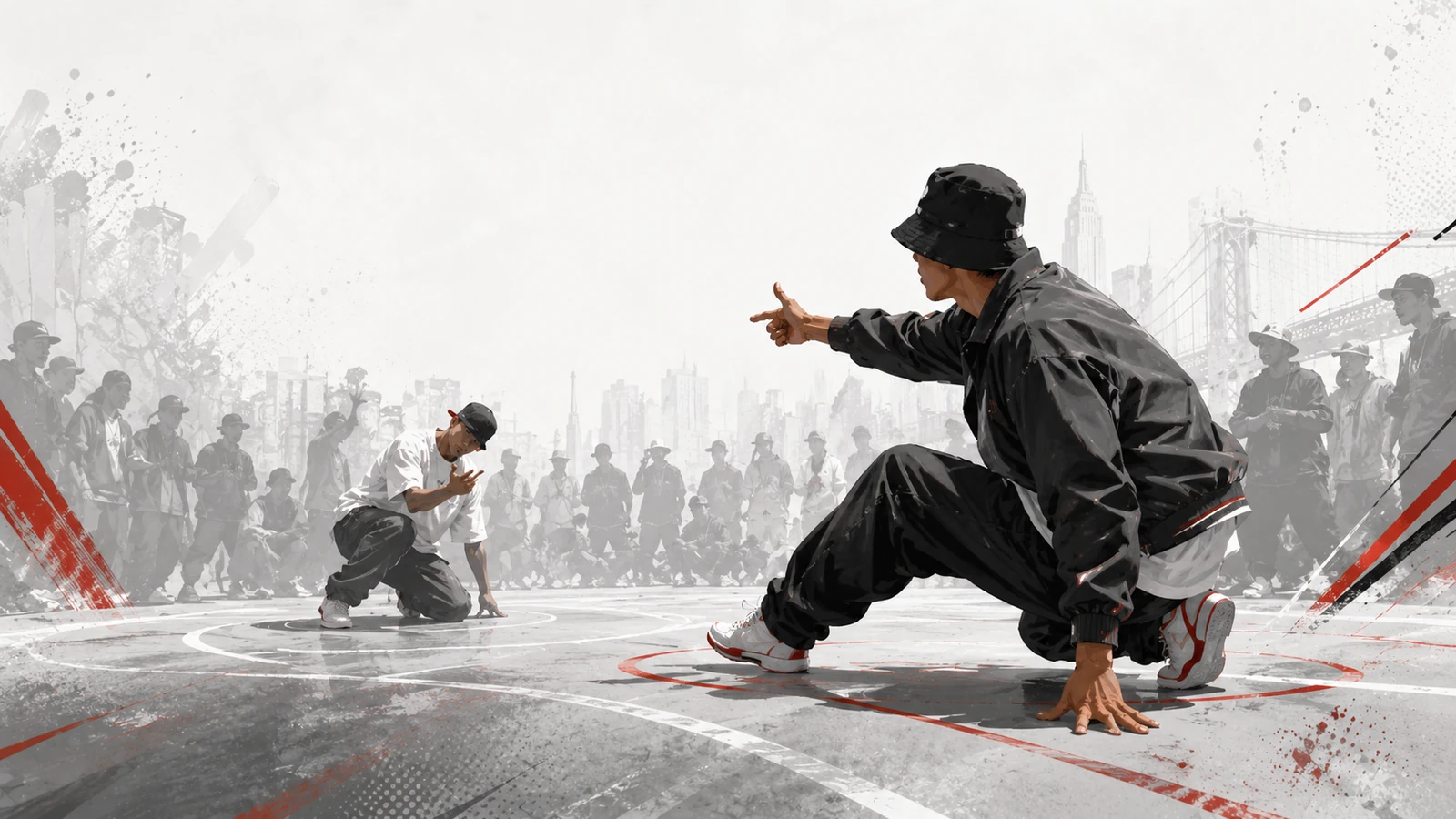 Breaker doing a headspin in a New York inspired sports layout